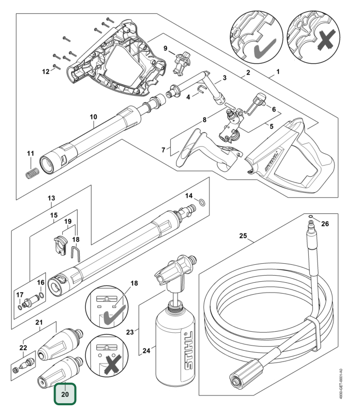 Schema tecnico STIHL RE 100, articolo 49305300020 evidenziato in posizione 20