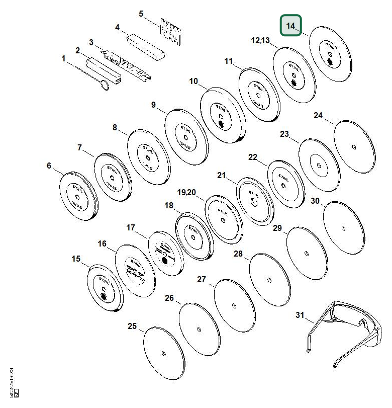 Schema tecnico STIHL USG, articolo 52037507013 evidenziato in posizione 14