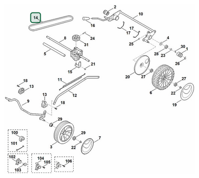 Schema tecnico STIHL MB 253.1 T, ricambio 63717042100 evidenziato in posizione 14