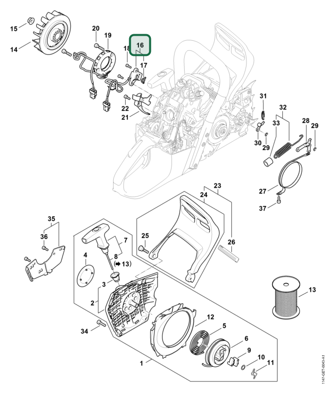 Schema tecnico STIHL MS 500i-W, MS 500i, ricambio 11474005801 evidenziato in posizione 16