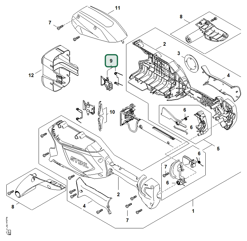 Schema tecnico STIHL HTA 66, HTA 66-K, ricambio 48524309800 evidenziato in posizione 9