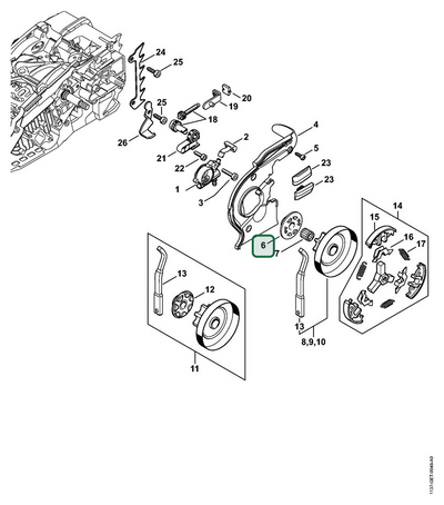 Schema tecnico STIHL MS 194 T, MS 194 C-E, MS 193 C-E, MS 194 TC-E, ricambio 11466407102 evidenziato in posizione 6
