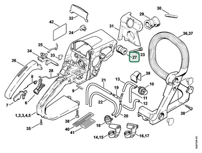 Schema tecnico STIHL MS 250 C-B, MS 250 C-BE, MS 250, ricambio 11237912805 evidenziato in posizione 27