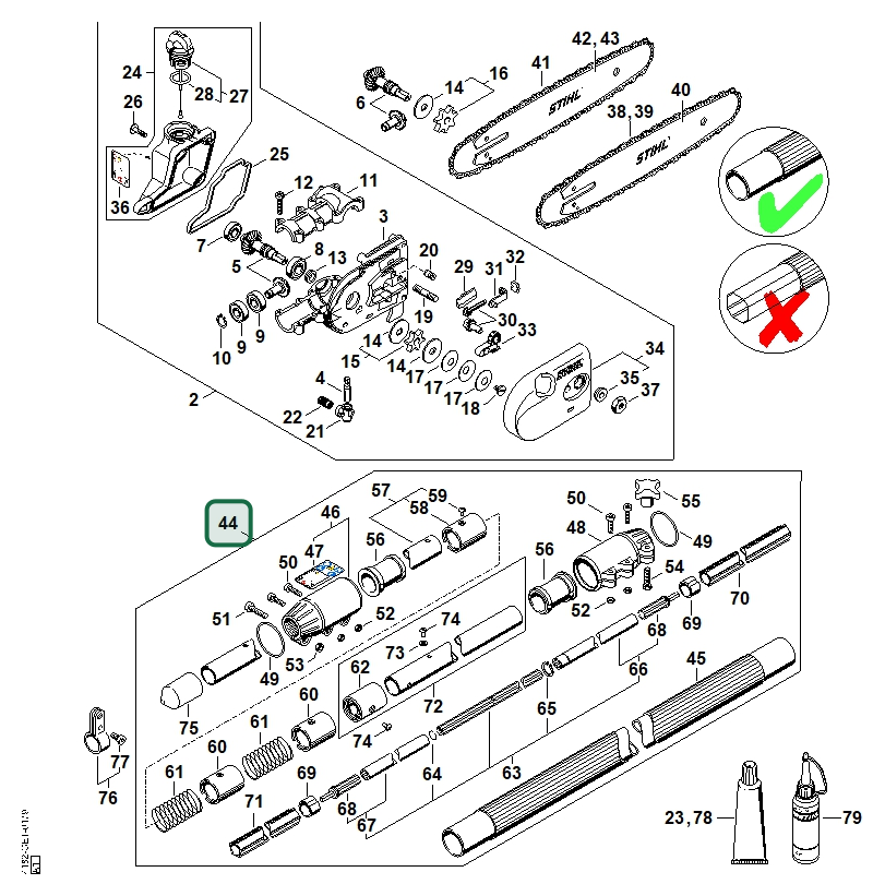 Schema tecnico STIHL HT 131, HT 101, ricambio 41827107140 evidenziato in posizione 44