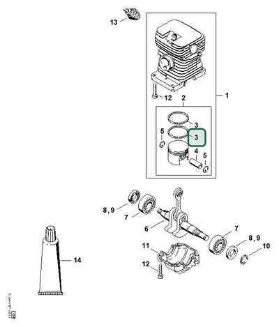 Schema tecnico STIHL MS 170-D, MS 170, MS 170 C-E D, ricambio 11300343003 evidenziato in posizione 3