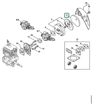Schema tecnico STIHL FS 50 (4144), FS 70 C-E, FS 40 4144, FS 70 RC-E, ricambio 41441242800 evidenziato in posizione 1