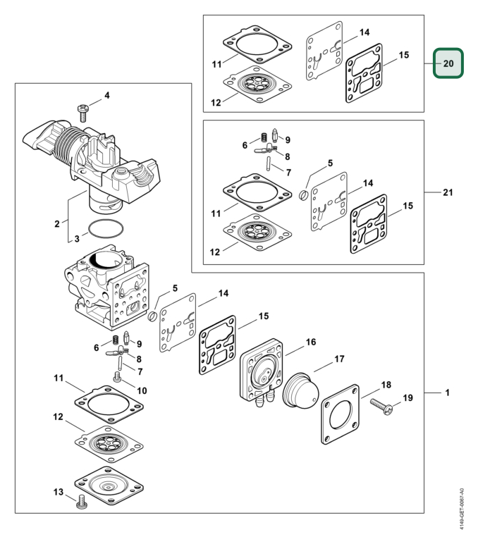 Schema tecnico STIHL HL 92 KC-E, HL 94 C-E, HL 92 C-E, FS 94 C-E, KM 94 RC-E, FS 94 RC-E, HL 91 KC-E, HL 94 KC-E, SP 92 TC-E, SP 92 C-E, ricambio 41490071701 evidenziato in posizione 20