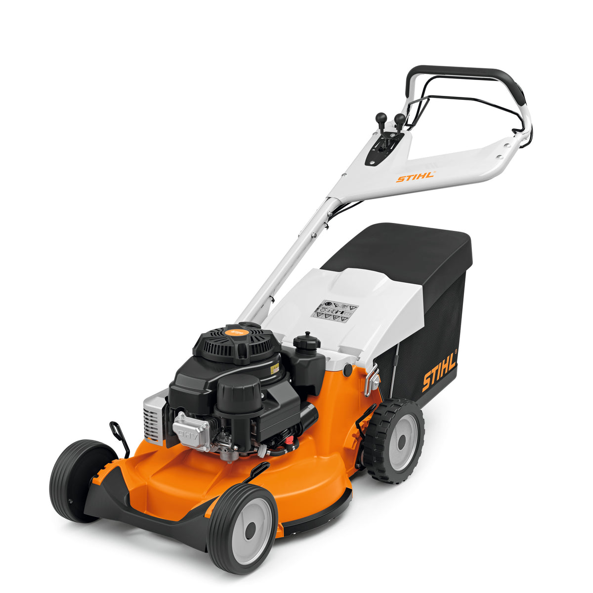 Tosaerba a scoppio Stihl RM 756 YC con cesto raccoglierba, visto dal lato sinistro