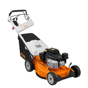 Tosaerba a scoppio Stihl RM 756 YC con cesto raccoglierba, visto dall'alto e dal lato destro