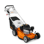Tosaerba a scoppio Stihl RM 756 con cesto raccoglierba, visto dall'alto e dal lato destro