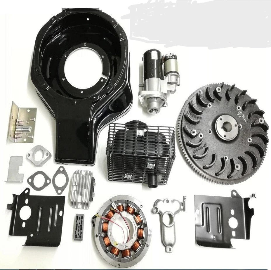 Componenti del kit Lombardini per avviamento elettrico disposti su fondo bianco, tra cui motorino, volano, statore, carter, griglia e staffe.