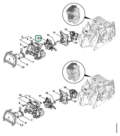 Schema tecnico STIHL MS 181, ricambio 11391200624 evidenziato in posizione 9