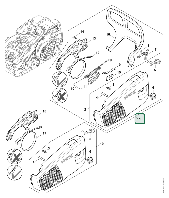 Schema tecnico STIHL MS 194 T, MS 194 TC-E, ricambio 11376401740 evidenziato in posizione 1
