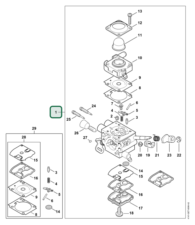 Schema tecnico STIHL FR 410 C-E, FS 261.0, FS 261.0 C-E, ricambio 41471200624 evidenziato in posizione 1