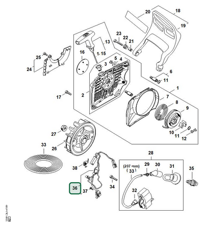 Schema tecnico STIHL MS 400 C-M, ricambio 11404403012 evidenziato in posizione 36