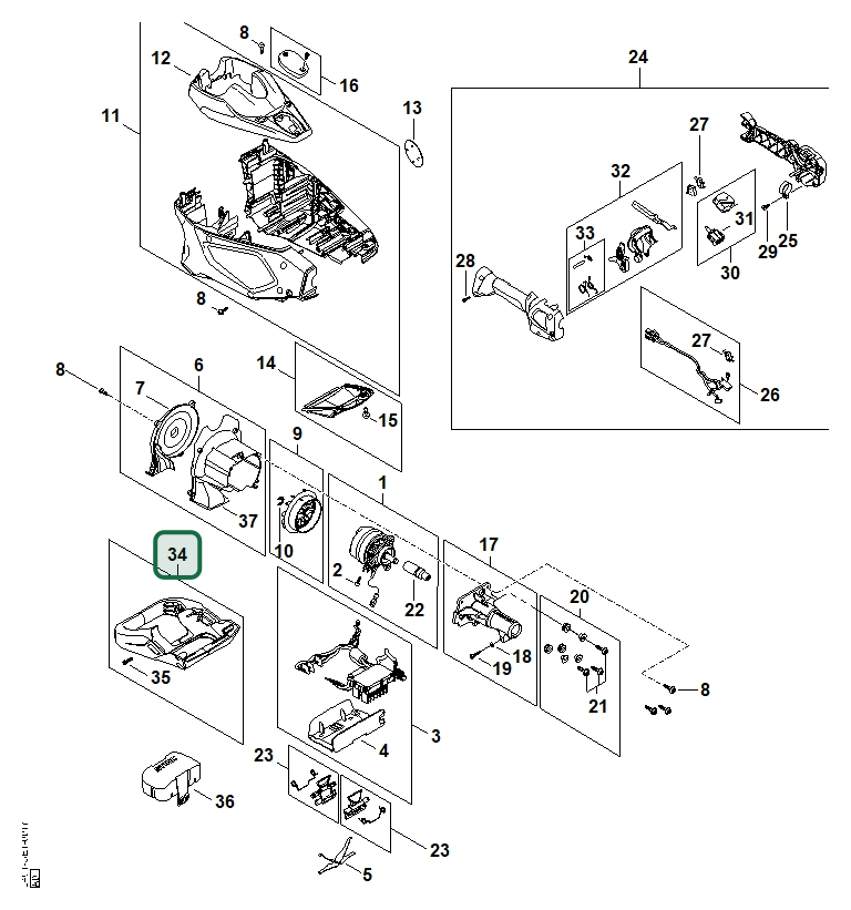 Schema tecnico STIHL HTA 135, ricambio LA010071002 evidenziato in posizione 34