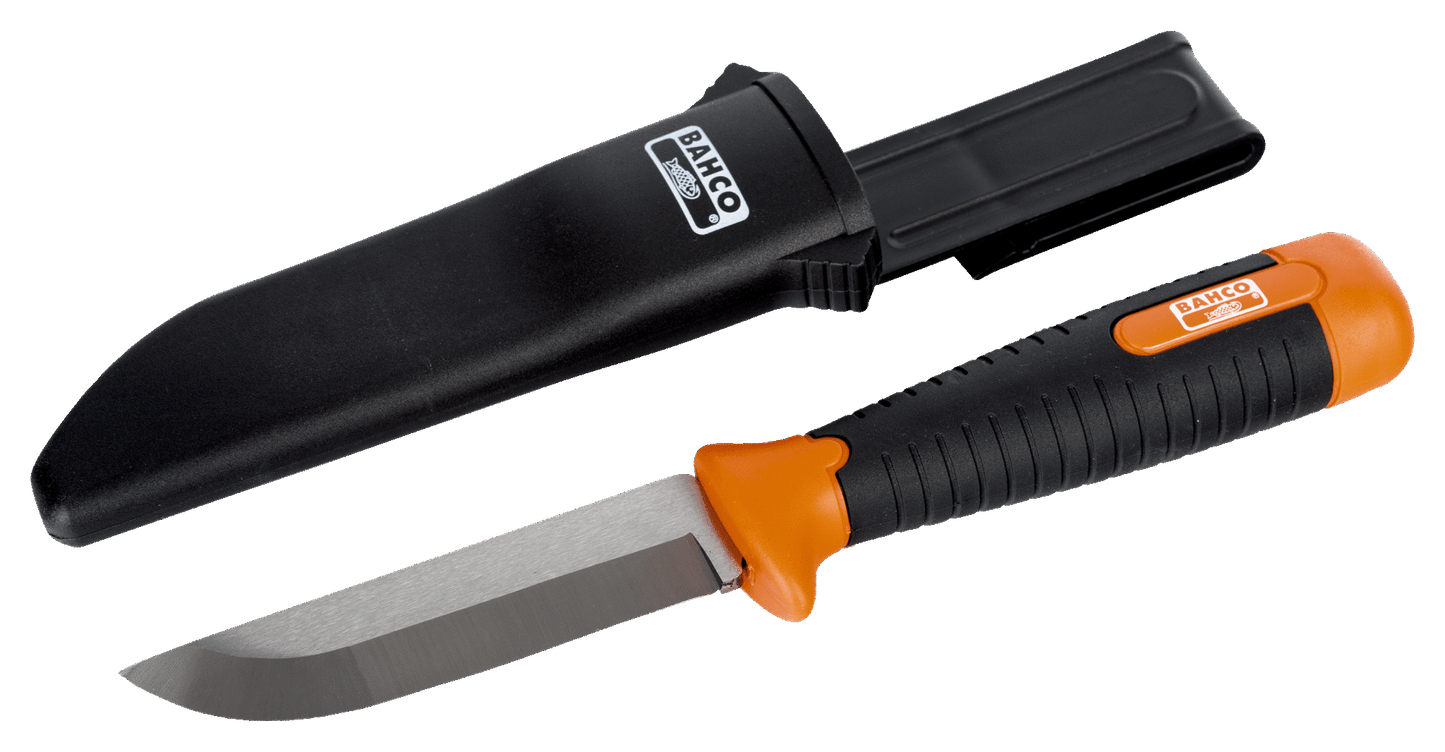 Coltello robusto a lama curva Bahco SB-2449 con manico bi-componente e custodia agganciabile alla cintura