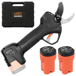 Forbice a batteria Bahco BCL235 nera con lame curve, accanto a una valigetta nera Bahco e due batterie arancioni.