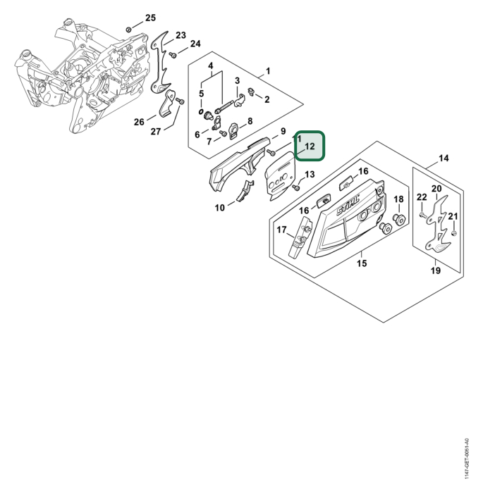 Schema tecnico STIHL MS 500i-W, MS 500i, ricambio 11286641000 evidenziato in posizione 12