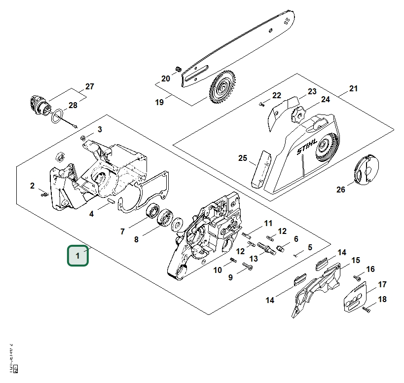 Schema tecnico STIHL MS 260 C-B, ricambio 11210202115 evidenziato in posizione 1