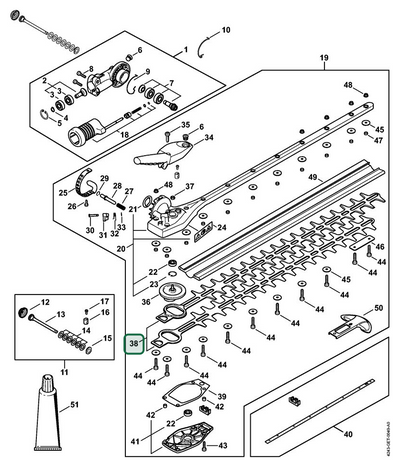 Schema tecnico STIHL HL 145°, HL-KM 145°, HL, ricambio 42437106003 evidenziato in posizione 38