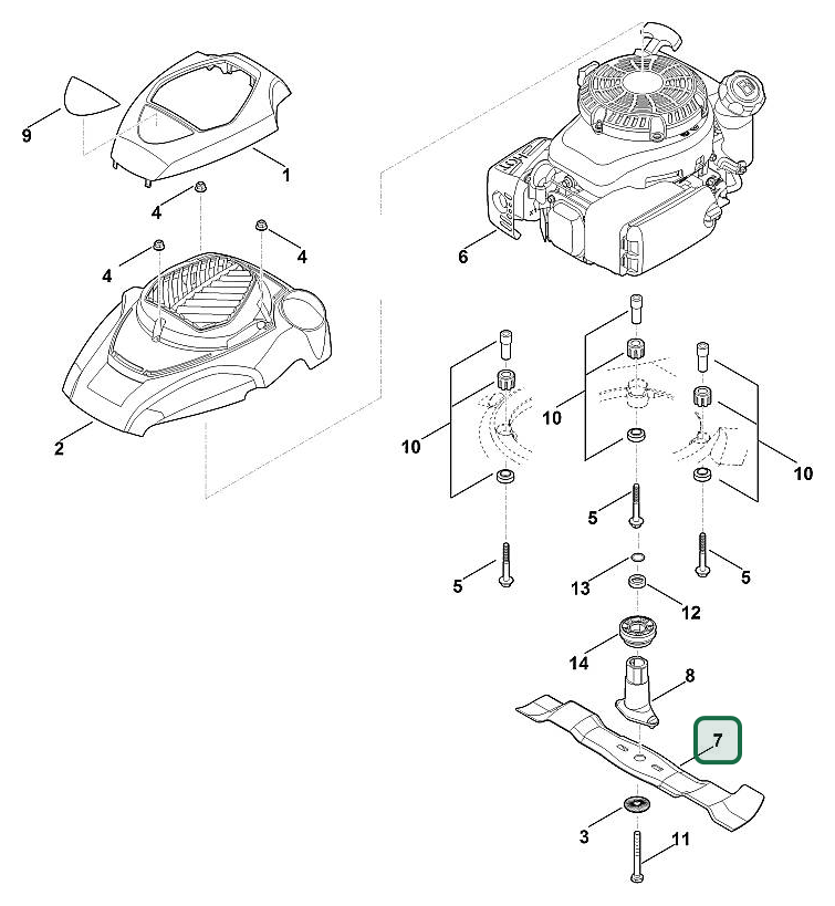 Schema tecnico STIHL MB 650.3 T, ricambio 63647020100 evidenziato in posizione 7