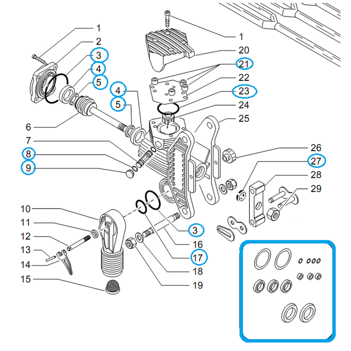 Schema esploso del Campagnola - Kit Guarnizioni, con componenti numerati e una serie di guarnizioni e anelli raccolti in un riquadro.