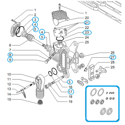 Schema esploso del Campagnola - Kit Guarnizioni, con componenti numerati e una serie di guarnizioni e anelli raccolti in un riquadro.