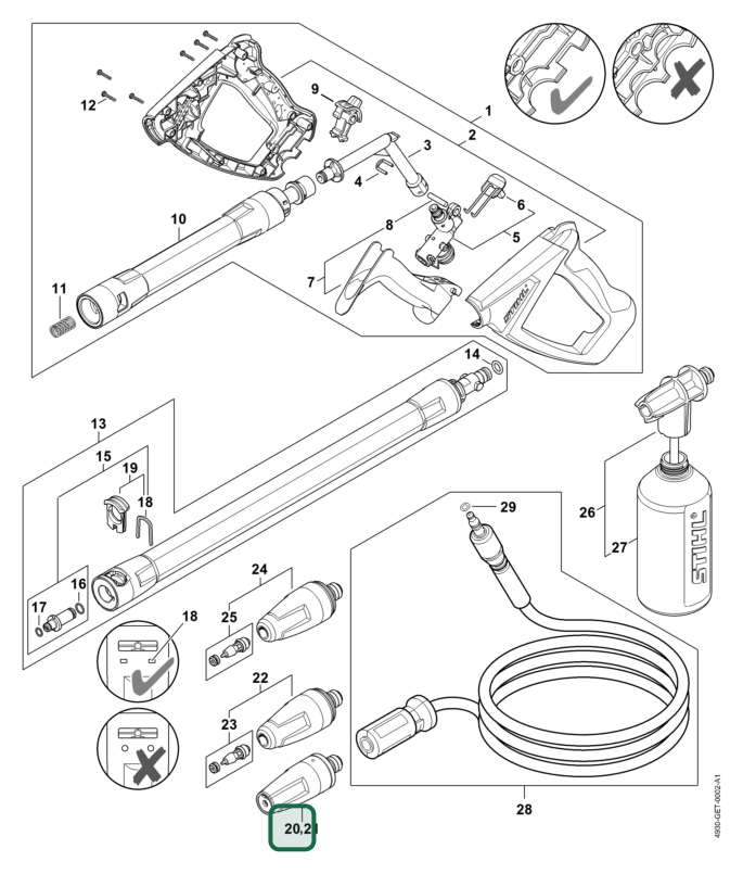 Schema tecnico STIHL RE 110, articolo 49305300020 evidenziato in posizione 20
