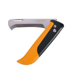 Coltello a serramanico Fiskars X-series K80 aperto con lama inox e pulsante di blocco