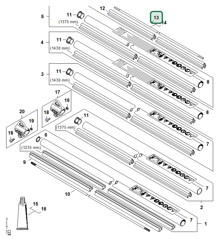 Schema tecnico STIHL FS 260 RC-E, FS 240 R, FS 260 R, FS 240 RC-E, ricambio 41477113201 evidenziato in posizione 13