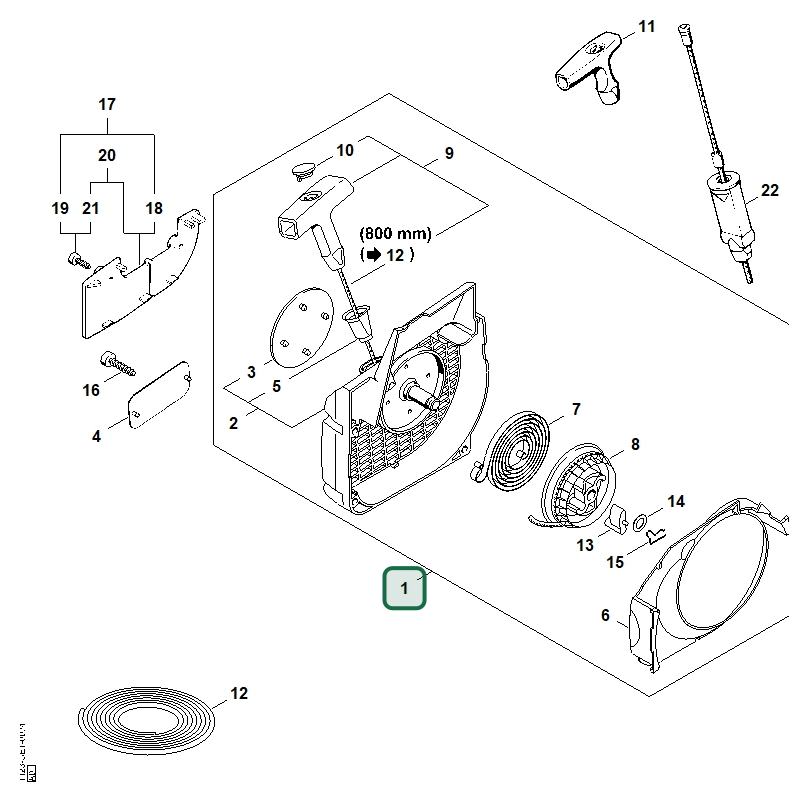 Schema tecnico STIHL 023, 025, 023 L, 021, ricambio 11230802104 evidenziato in posizione 1