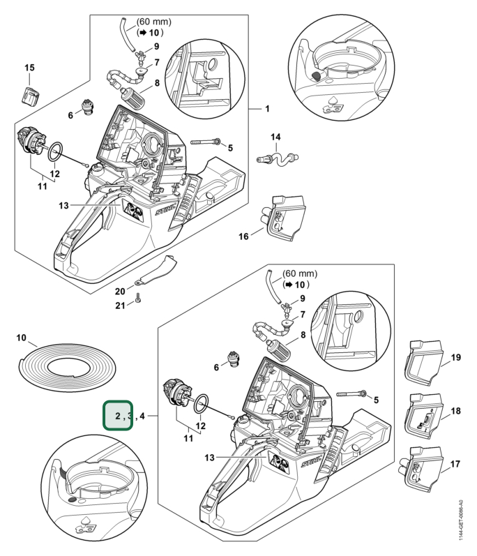 Schema tecnico STIHL MS 661 C-M W, MS 661 C-M, ricambio 11443500801 evidenziato in posizione 2
