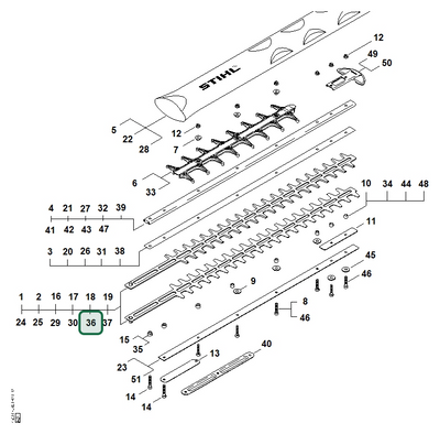 Schema tecnico STIHL HS 81 R, ricambio 42377105912 evidenziato in posizione 36
