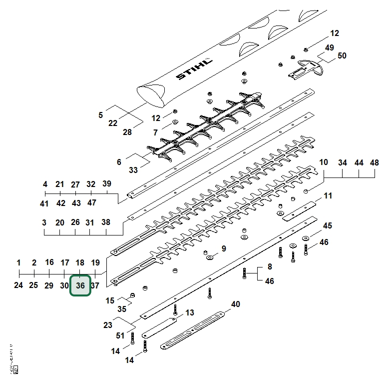 Schema tecnico STIHL HS 81 R, ricambio 42377105912 evidenziato in posizione 36