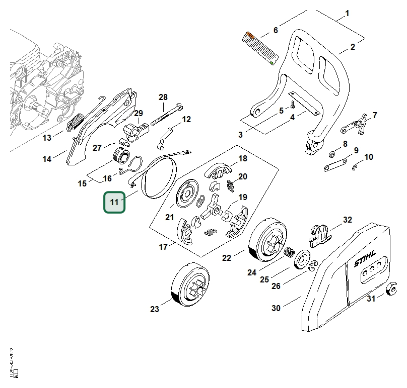 Schema tecnico STIHL MS 170-D, MS 170 C-E D, MS 170 2-MIX, MS 170, ricambio 11231605400 evidenziato in posizione 11
