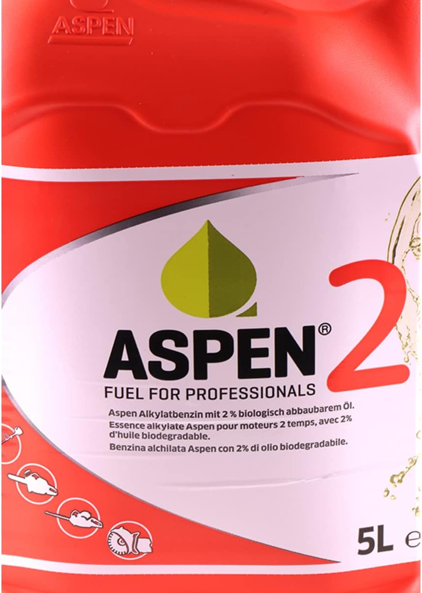 Dettaglio etichetta Aspen 2 benzina alchilata 2 tempi con 2% olio biodegradabile 5 L