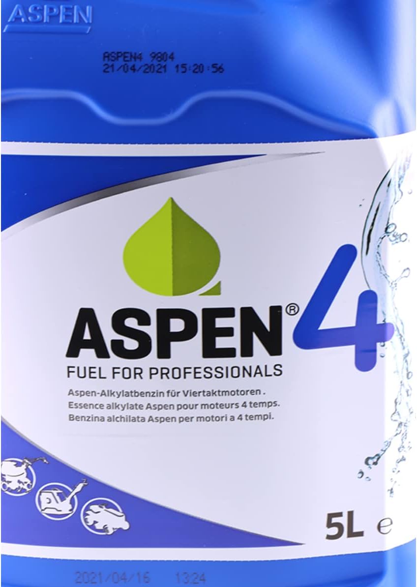 Dettaglio etichetta Aspen 4 benzina alchilata per motori 4 tempi 5L