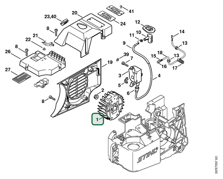 Schema tecnico STIHL TS 460, ricambio 42214001200 evidenziato in posizione 1