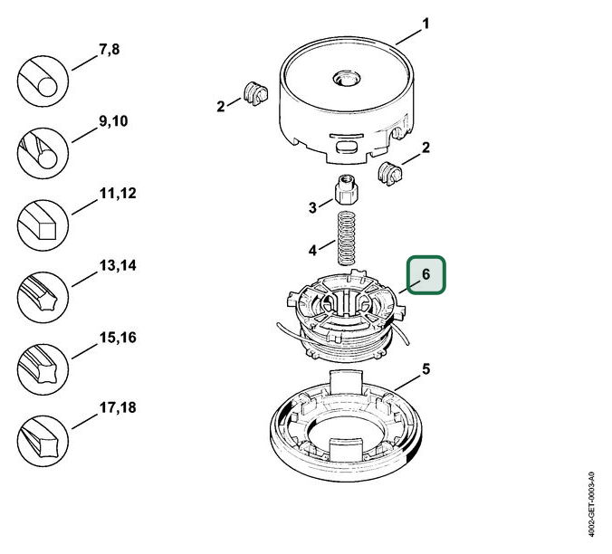 Schema tecnico STIHL Testa falciante AutoCut 30-2, articolo 40037133011 evidenziato in posizione 6