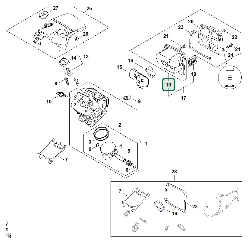 Schema tecnico STIHL MS 500i-W, MS 500i, ricambio 11471400604 evidenziato in posizione 19