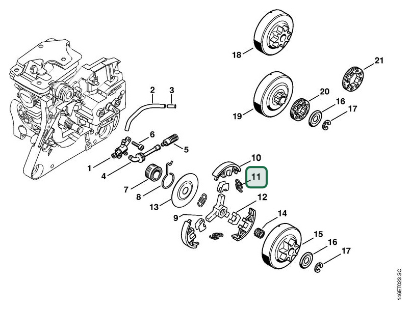 Schema tecnico STIHL MS 280 C-BQ, MS 270, MS 270 C-B, MS 280 C-B, MS 280, ricambio 00009975600 evidenziato in posizione 11