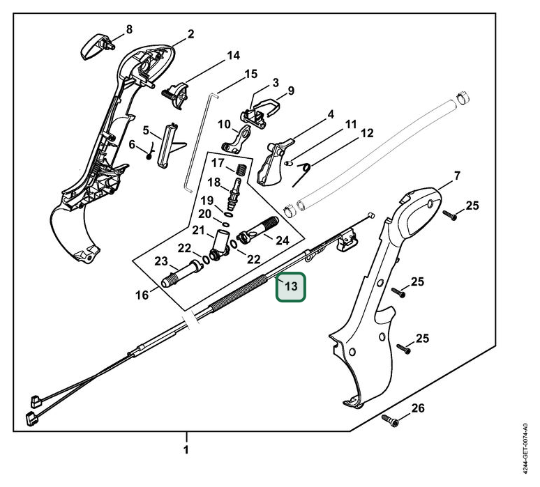 Schema tecnico STIHL SR 430, ricambio 42441801100 evidenziato in posizione 13
