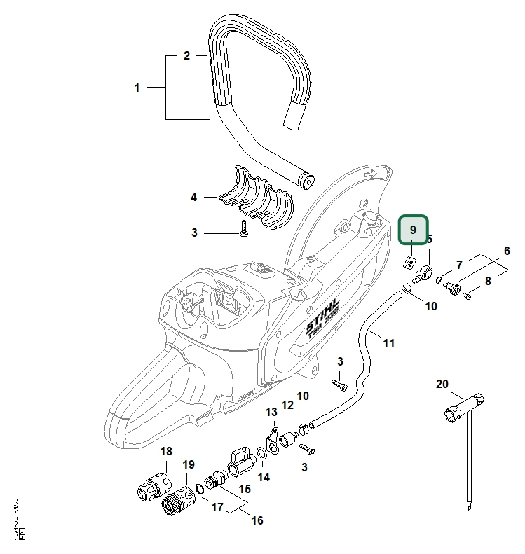 Schema tecnico STIHL TSA 230, ricambio 42247088300 evidenziato in posizione 9