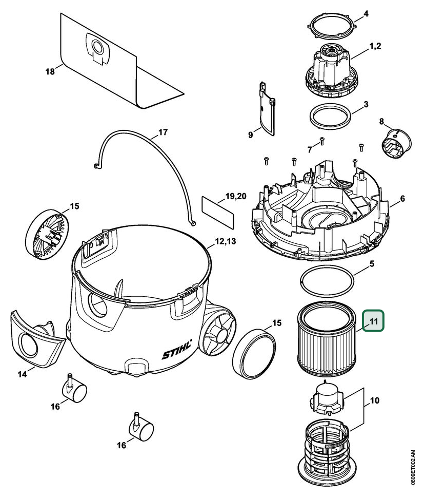 Schema tecnico STIHL SE 62 E, SE 62, ricambio 47427035902 evidenziato in posizione 11