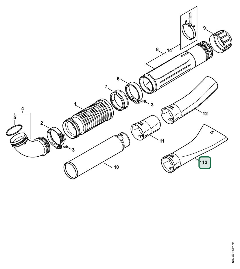 Schema tecnico STIHL BR 700, ricambio 42827086304 evidenziato in posizione 13