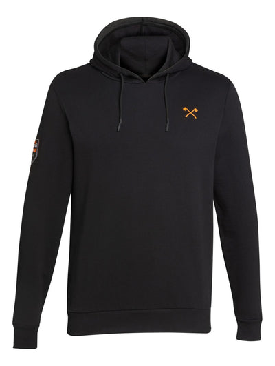 Felpa con cappuccio Stihl Timbersports Small Axe nera con stampa arancione asce incrociate