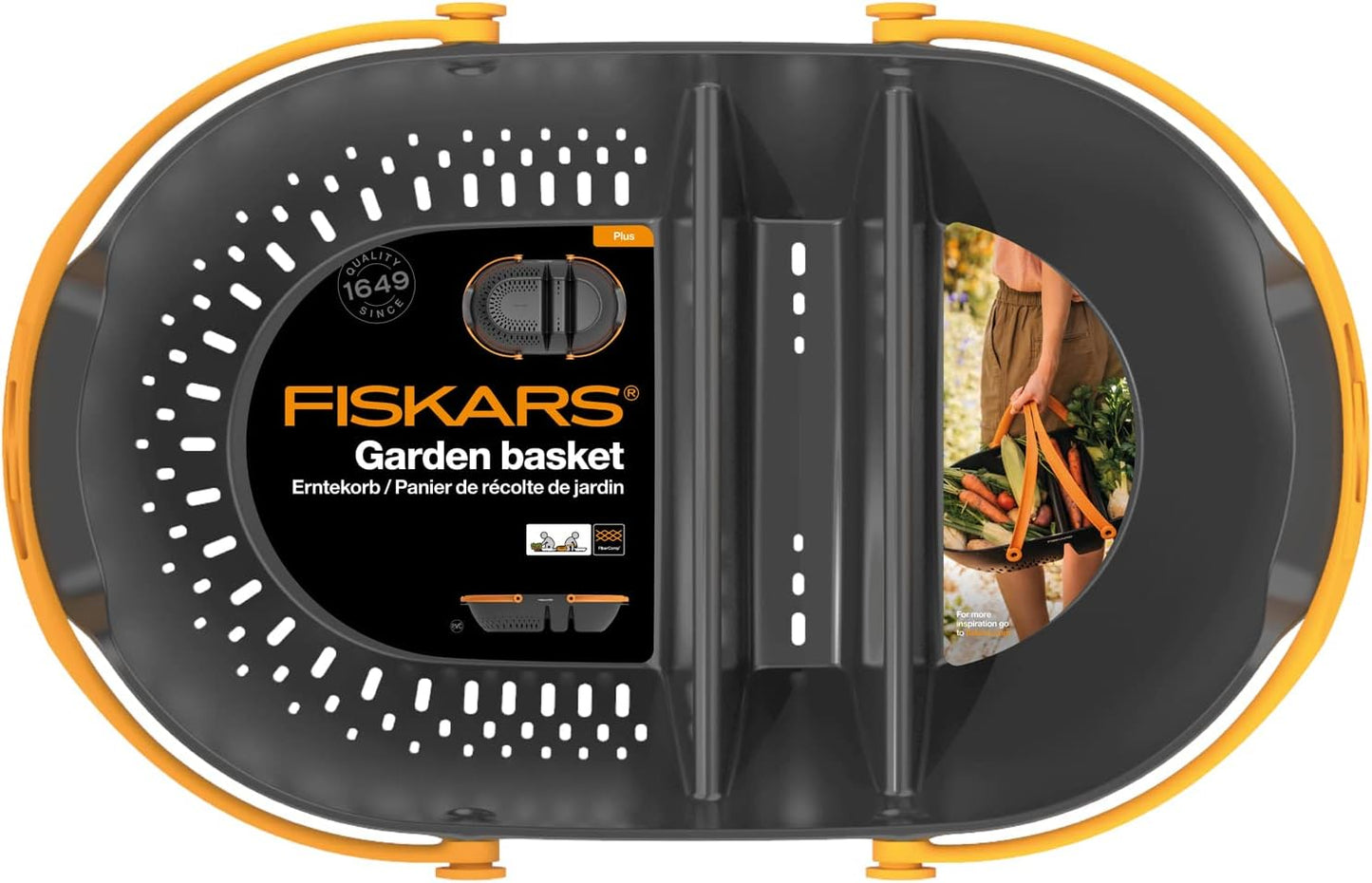 Vista dall’alto della cesta per raccolto Fiskars Plus con scomparti