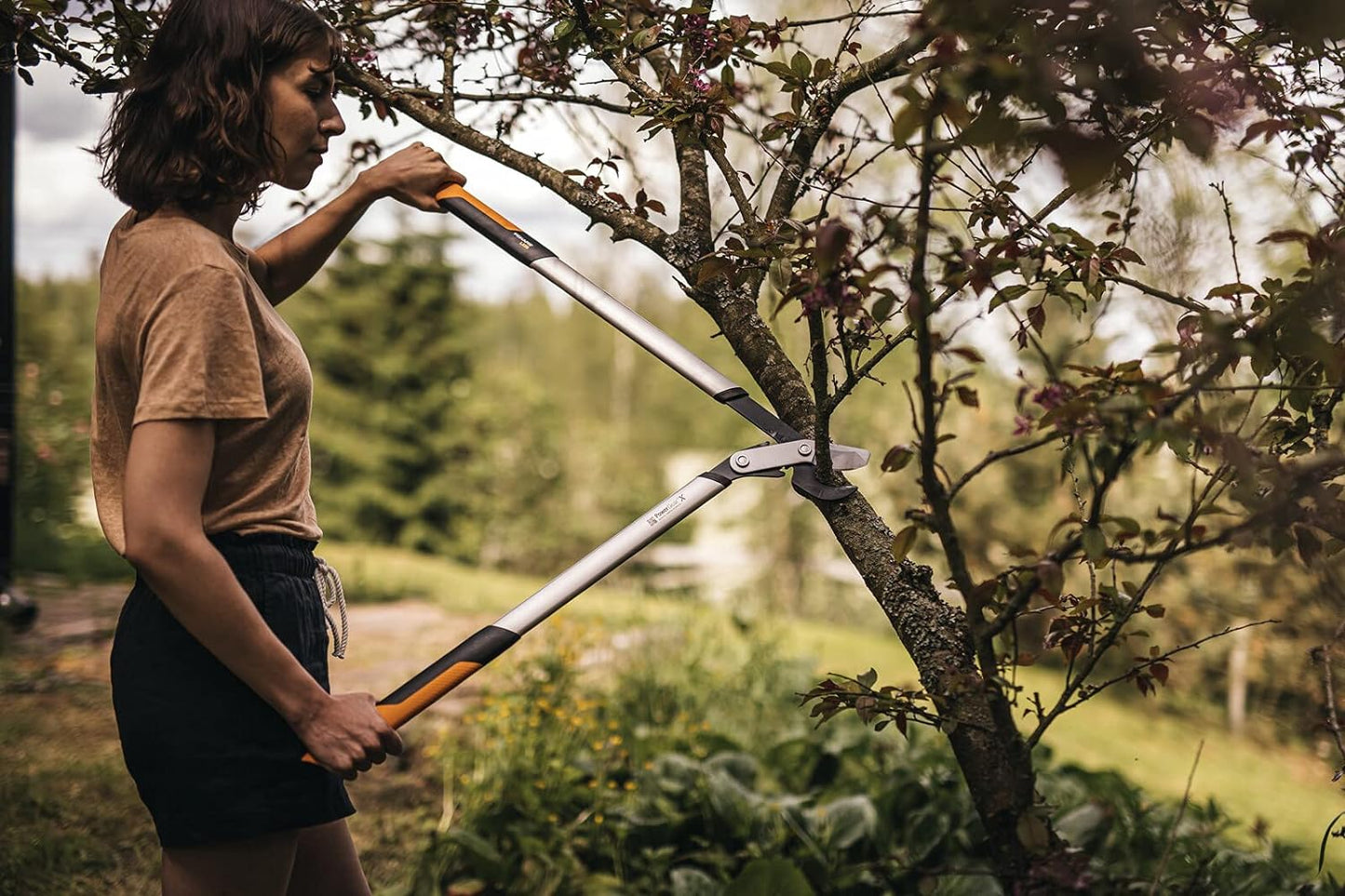 Troncarami bypass Fiskars PowerGear X LX96 in uso per potatura
