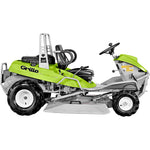 Vista laterale trattore trinciaerba Grillo Climber 8.22 con piatto di taglio e ruote tassellate